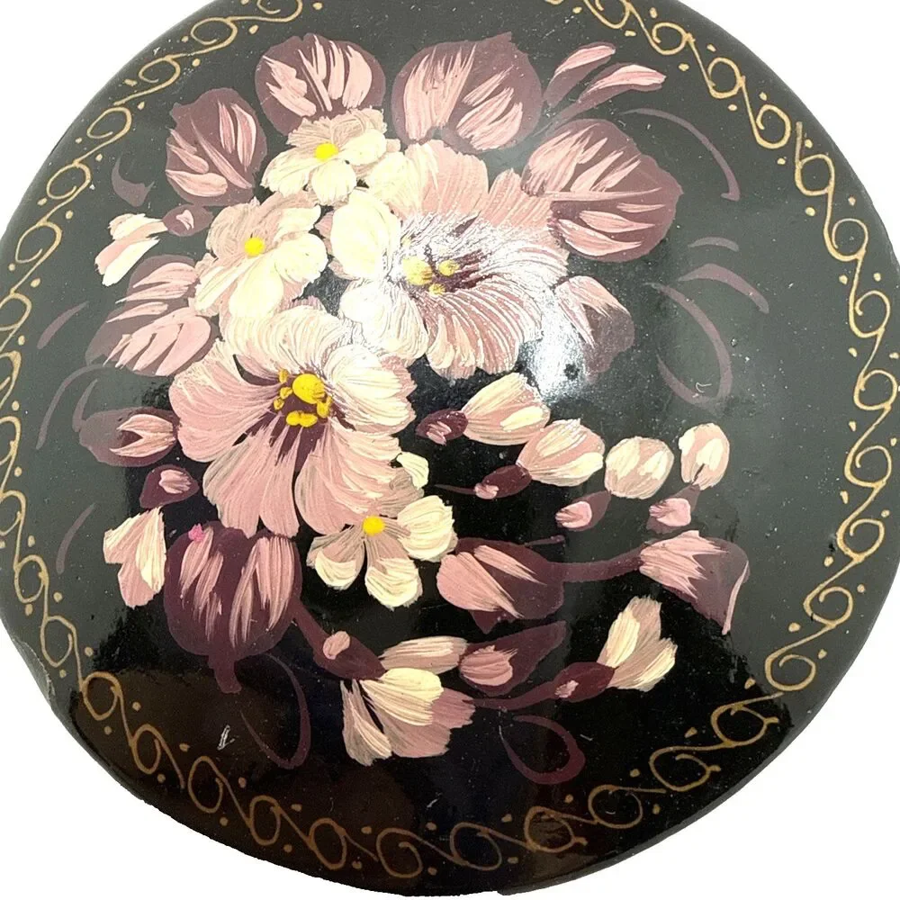 Vintage Russian Black Lacquer Floral Brooch Papier-mâché Hand Painted Pin 2